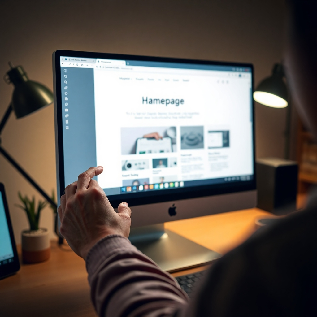 A photorealistic close-up shot of a designer's hands meticulously adjusting the layout of a webpage on a high-resolution monitor. The screen displays a partially completed homepage design with responsive elements adapting to different device sizes. Focus on the details of the hands, showing precision and attention to detail. The lighting is soft and focused on the screen, creating a sense of intimacy and craftsmanship. The color palette is warm and inviting, with a focus on natural tones. The environment is a clean, modern workspace with minimal distractions. Style reference: a blend of artisanal craftsmanship and modern technology.