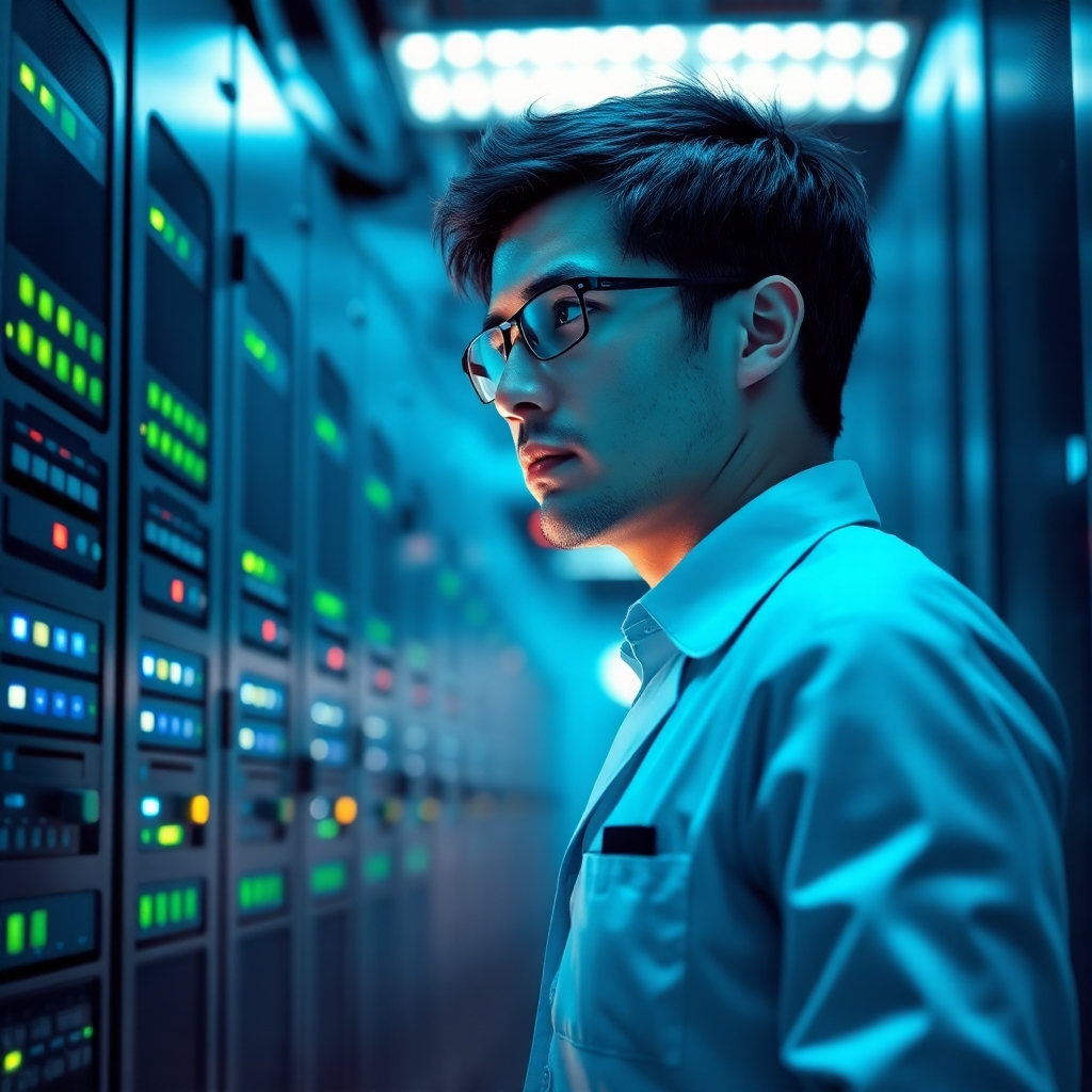 A photorealistic image depicting a server room with blinking lights and a technician monitoring the system. The technician should be focused and attentive, with a sense of responsibility and expertise. The lighting is cool and professional, creating a sense of reliability and security. The color palette is predominantly blues and grays, with subtle accents of green and yellow. The environment is clean and organized, with visible server racks and network cables. Style reference: a blend of technical infrastructure and human oversight.