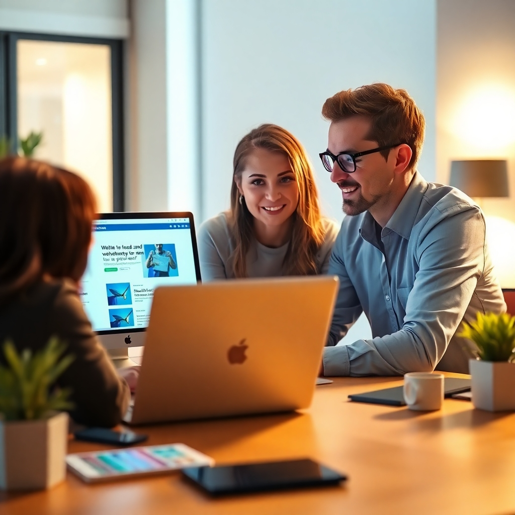 A photorealistic image depicting a designer collaborating with a client on a website design. They are sitting together at a table, reviewing a mockup on a laptop screen and discussing ideas. The atmosphere is friendly and collaborative, with both individuals actively engaged in the process. The lighting is warm and inviting, creating a sense of trust and partnership. The color palette is neutral and professional, with subtle accents of blue and green. The environment is a modern, well-lit office space, conducive to creativity and collaboration. Style reference: a blend of professional interaction and creative partnership.
