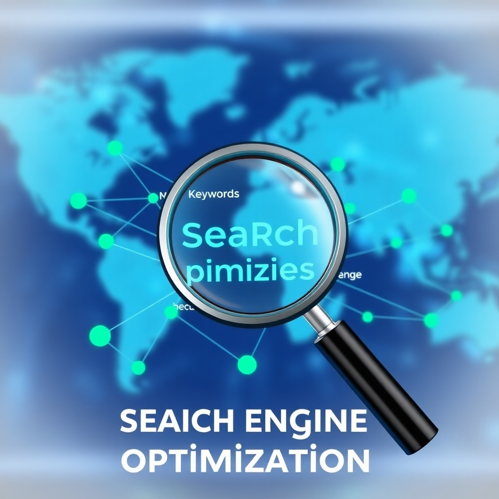 A stylized image representing search engine optimization. Keywords are highlighted within a network of interconnected nodes, symbolizing the importance of relevant content and backlinks. A magnifying glass hovers over the network, emphasizing the process of discovery. The background is a blurred world map, symbolizing the global reach of the internet. The color scheme is modern and tech-inspired, with blues and greens dominating.