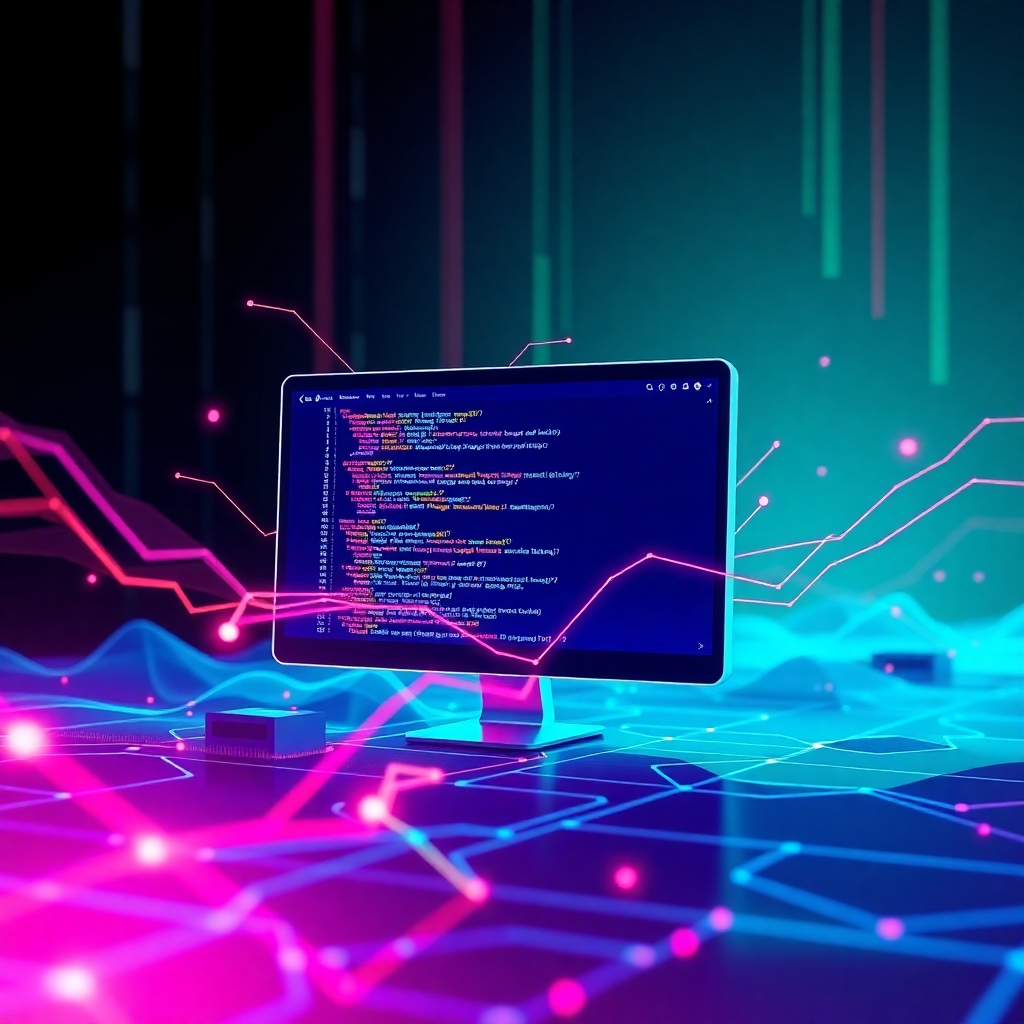 A stylized image representing the power and potential of modern web development technologies. Abstract shapes and lines symbolize code and data, flowing together to create a dynamic and interactive website. The lighting is vibrant and futuristic, creating a sense of innovation and progress. The color palette is bold and modern, with a focus on neon colors and geometric patterns. The environment is a digital landscape, representing the limitless possibilities of technology. Style reference: a blend of abstract art and futuristic technology.