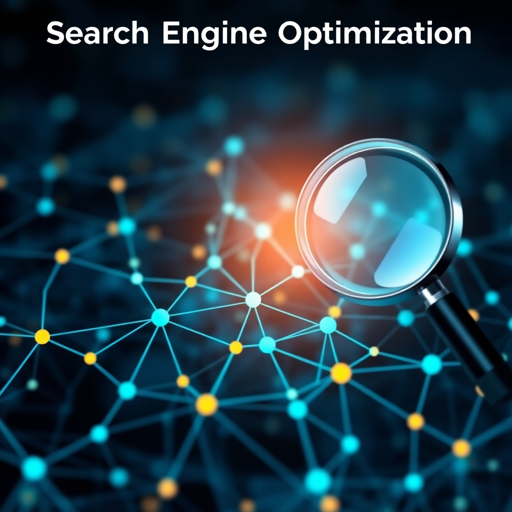A stylized image representing the concept of search engine optimization. A network of interconnected nodes symbolizes the flow of information and the importance of keywords and backlinks. A magnifying glass is hovering over the network, highlighting the process of discovery and visibility. The lighting is bright and focused, creating a sense of clarity and precision. The color palette is predominantly blues and greens, with subtle accents of orange and yellow. The environment is a digital landscape, representing the vastness and complexity of the internet. Style reference: a blend of data visualization and search engine technology.