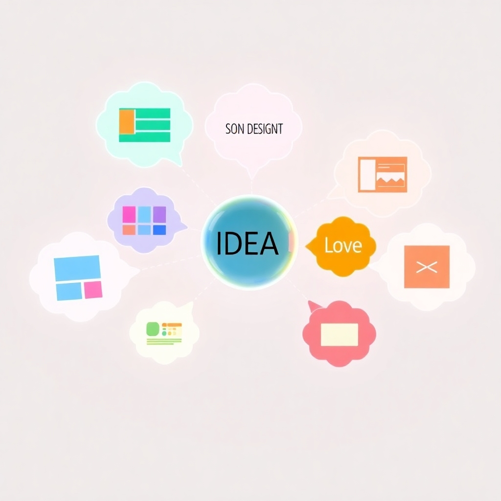 A stylized image representing the process of brainstorming and idea generation. Multiple thought bubbles float around a central point, each containing different design elements (color palettes, typography, layout options). The lighting is soft and diffused, creating a sense of creativity and inspiration. The color palette is vibrant and diverse, representing the wide range of possibilities. The environment is a blank canvas, symbolizing the limitless potential of the design process. Style reference: a blend of abstract art and creative visualization.