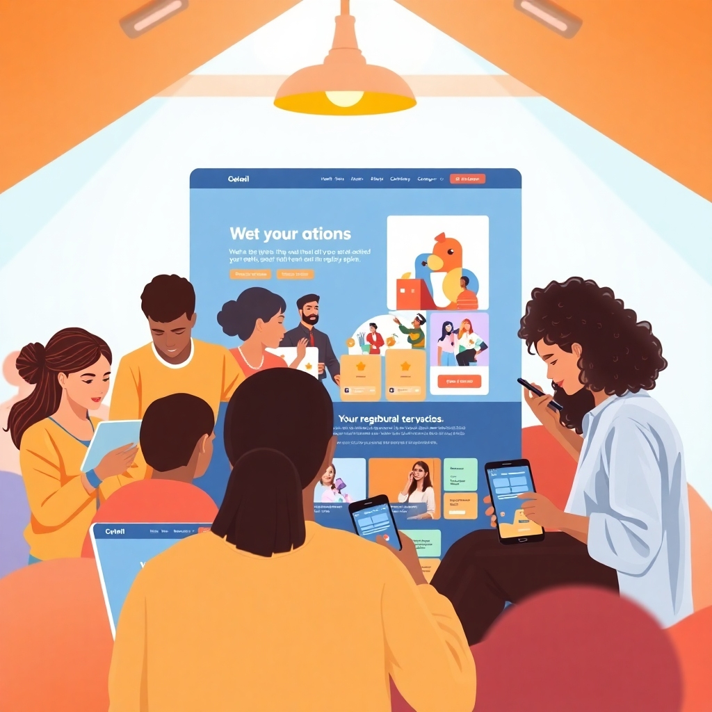 A stylized image showcasing a diverse group of users interacting with a website on various devices (laptop, tablet, smartphone). The website design should be clean, modern, and user-friendly, with clear calls-to-action and intuitive navigation. The lighting is bright and inviting, creating a sense of optimism and engagement. The color palette is vibrant and modern, with a focus on accessibility and readability. The environment is a diverse and inclusive space, representing the wide range of users who will interact with the website. Style reference: a blend of user interface design and social interaction.