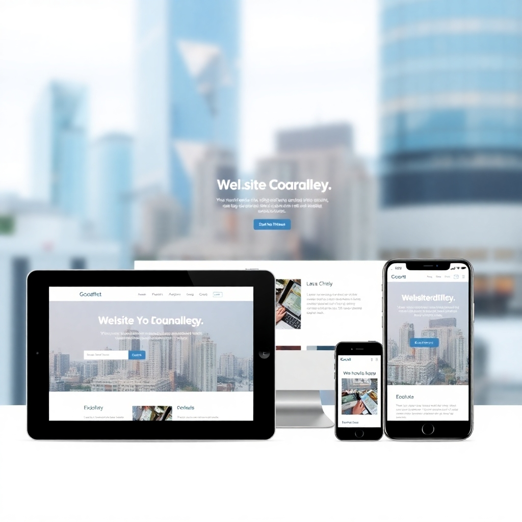 Showcase a website adapting seamlessly to different screen sizes (desktop, tablet, mobile). A clean, modern design aesthetic. Subtle animations highlight the responsiveness. The background is a blurred cityscape, symbolizing the connected world. The lighting is soft and even, emphasizing the clarity of the design across devices. Style reference: clean, user-friendly interfaces.